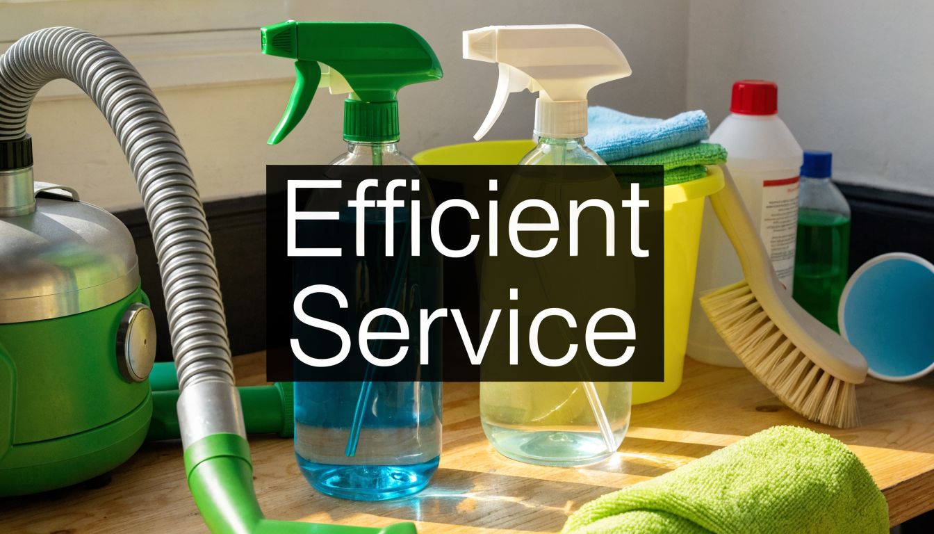 A collection of cleaning supplies including spray bottles, a vacuum cleaner, cloths, and brushes on a wooden surface.