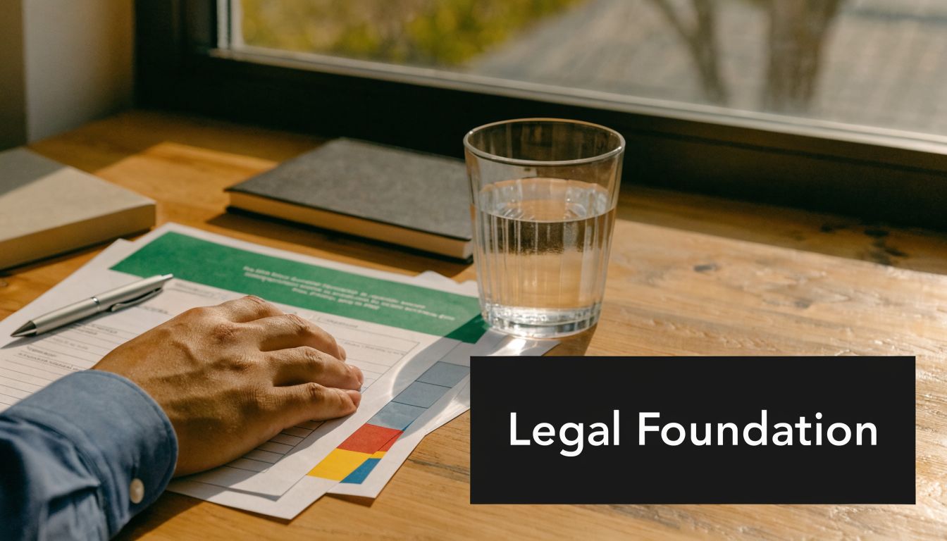 A hand rests on a document near a glass of water on a wooden desk by a window.