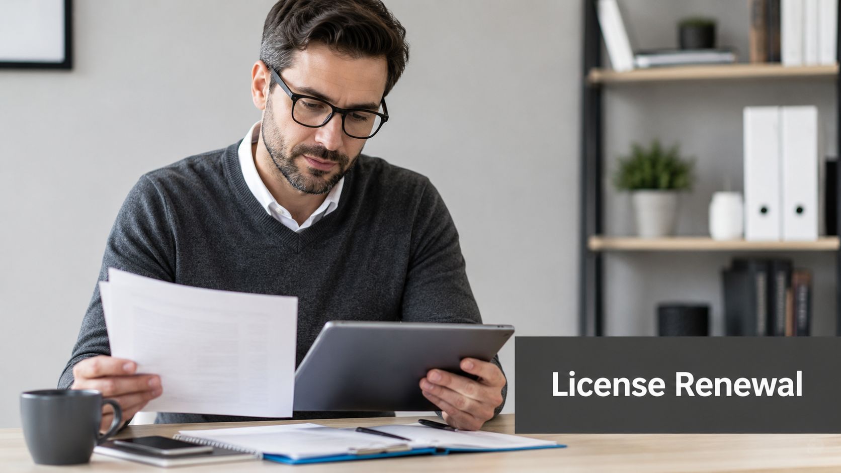A professional man with glasses holding documents and a digital tablet, managing license renewal paperwork at his desk.
