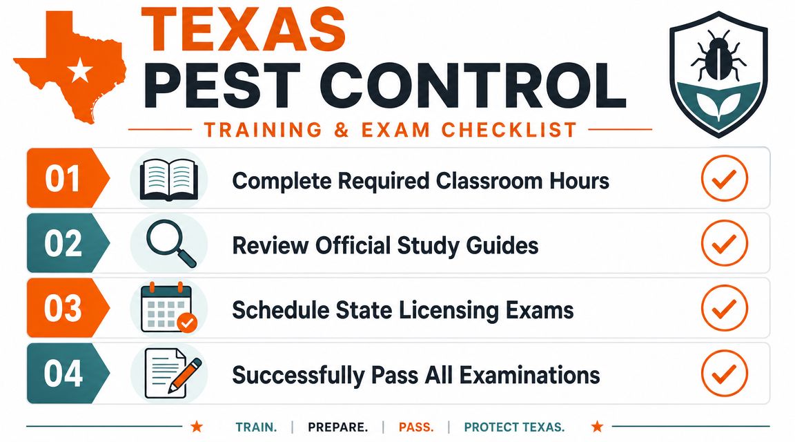 A four-step training and exam checklist for obtaining a Texas pest control license displayed on a graphic.