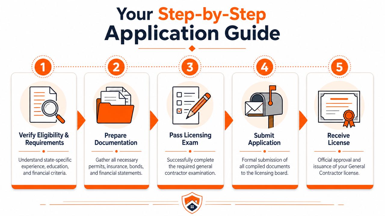 A step-by-step infographic illustrating the five stages required to obtain a general contractor license.