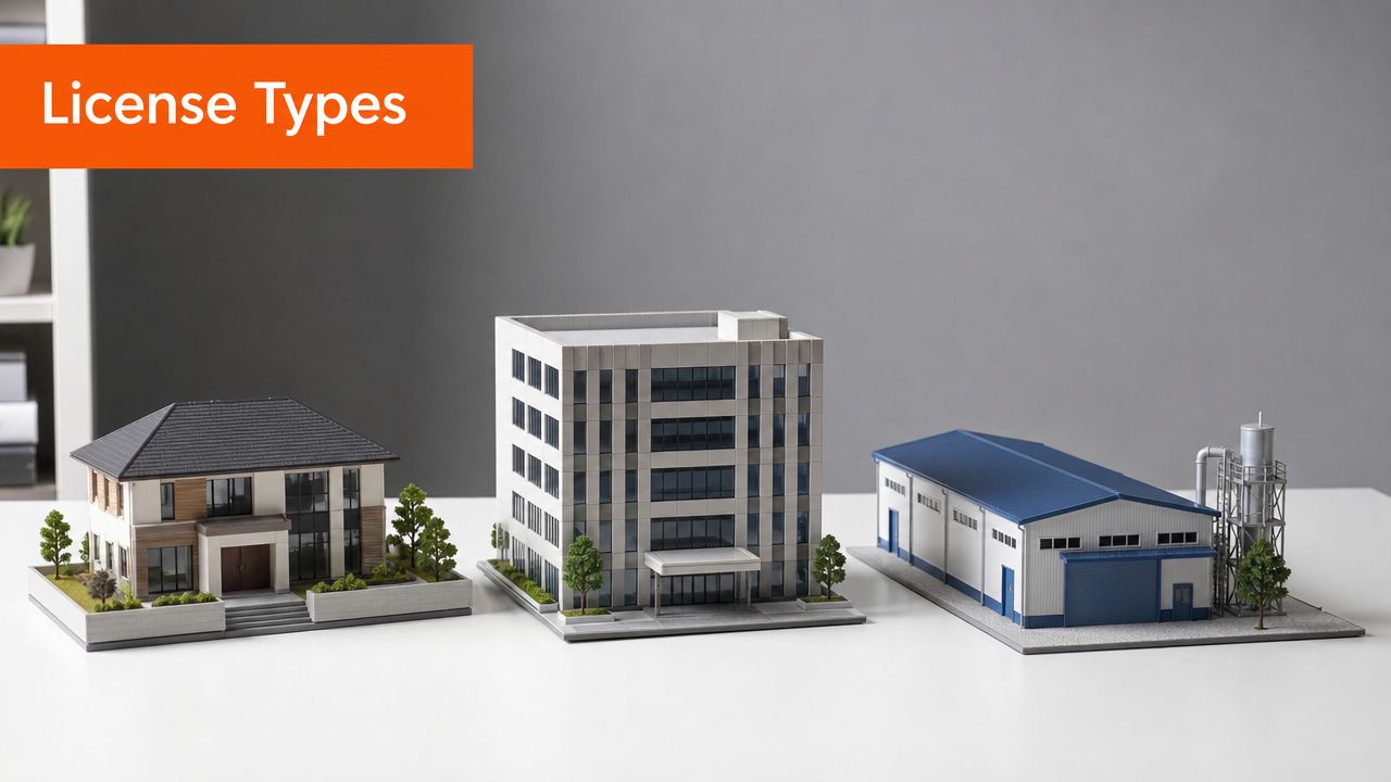 A house, an office building, and a factory model representing different types of construction project licenses.