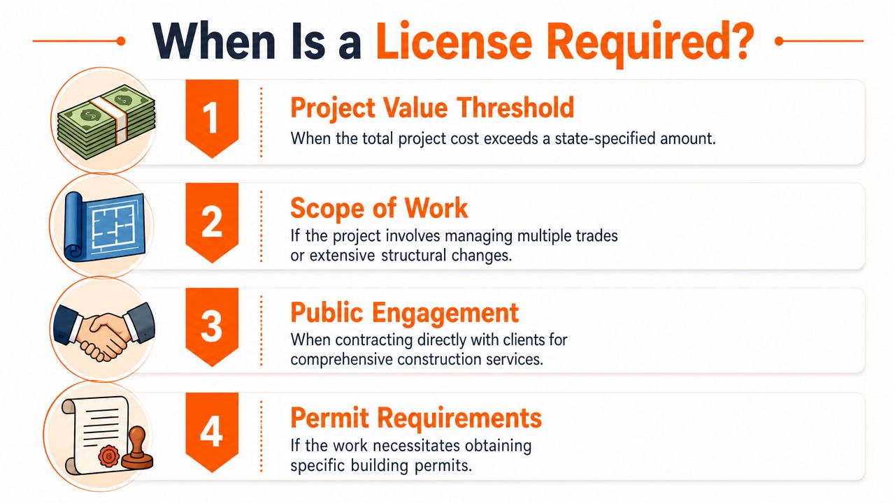 An infographic titled When Is a License Required, listing four key scenarios including project value, scope, and permits.