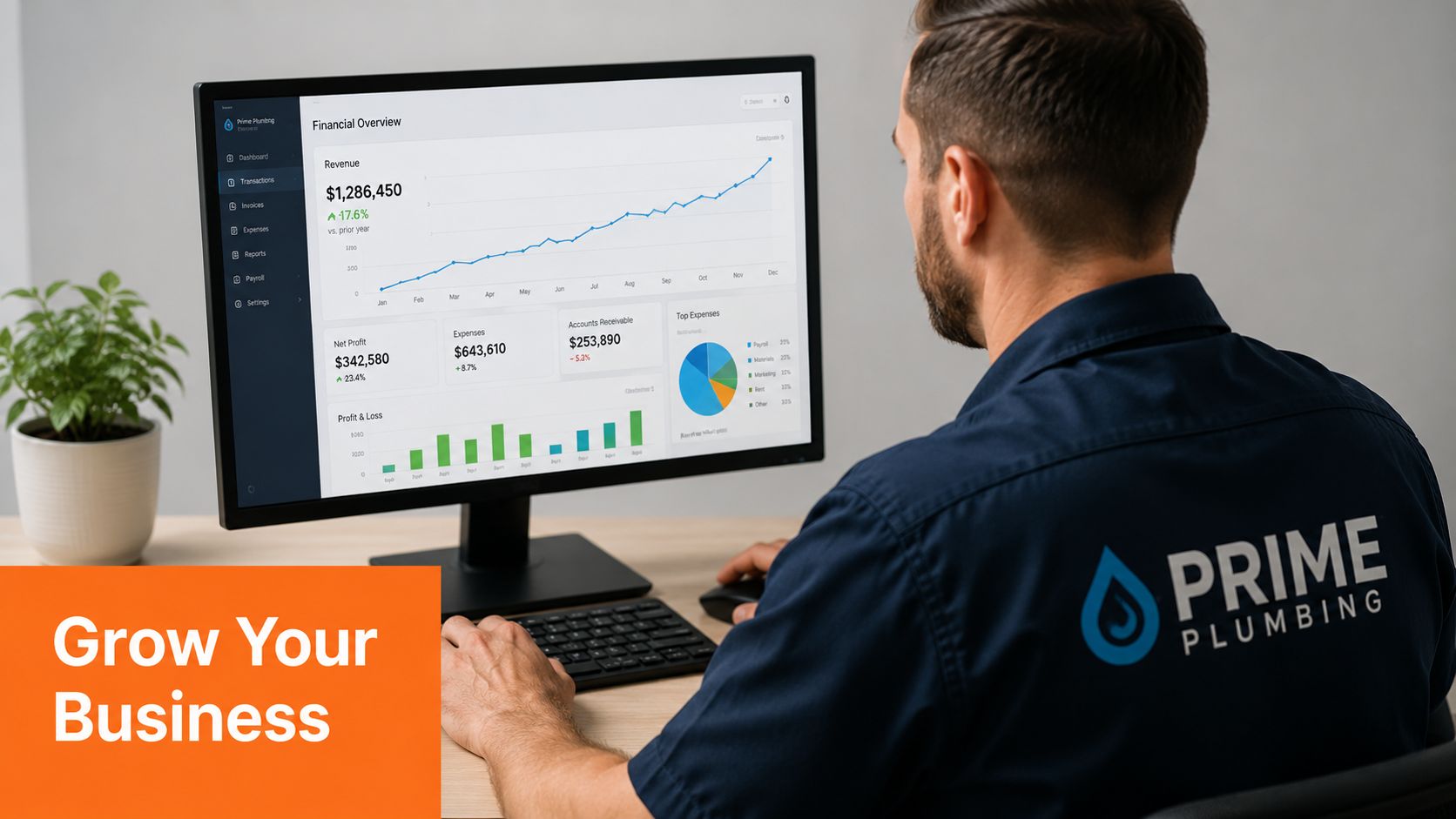 A professional plumber reviewing financial analytics and business performance dashboards on a computer screen in an office.