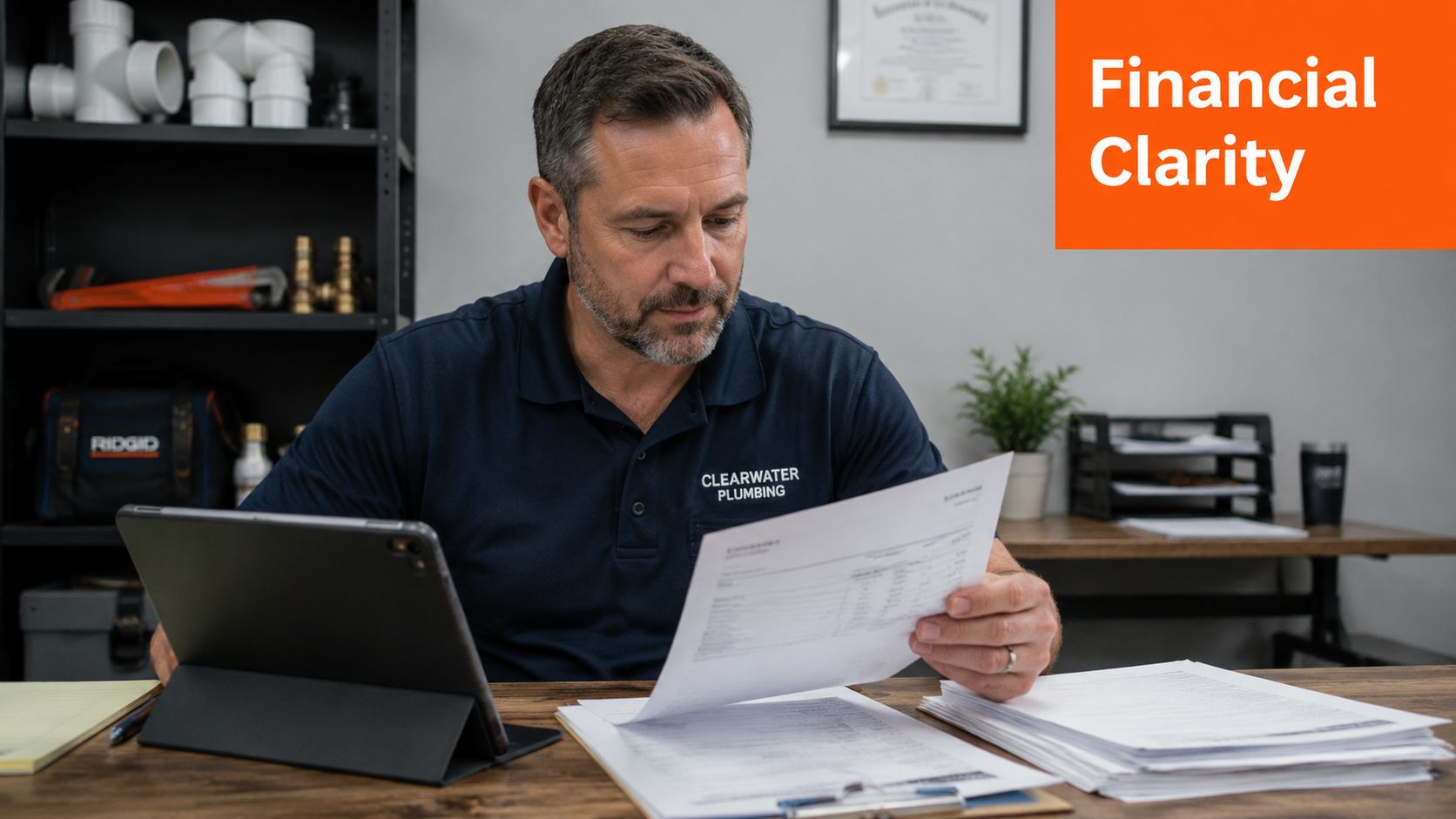 A professional plumber wearing a Clearwater Plumbing shirt reviews financial documents at his desk with a tablet.