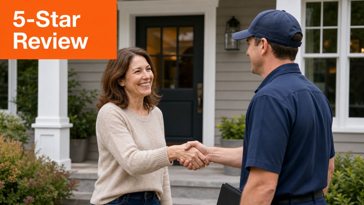 A friendly service professional shaking hands with a happy homeowner in front of her residential house.