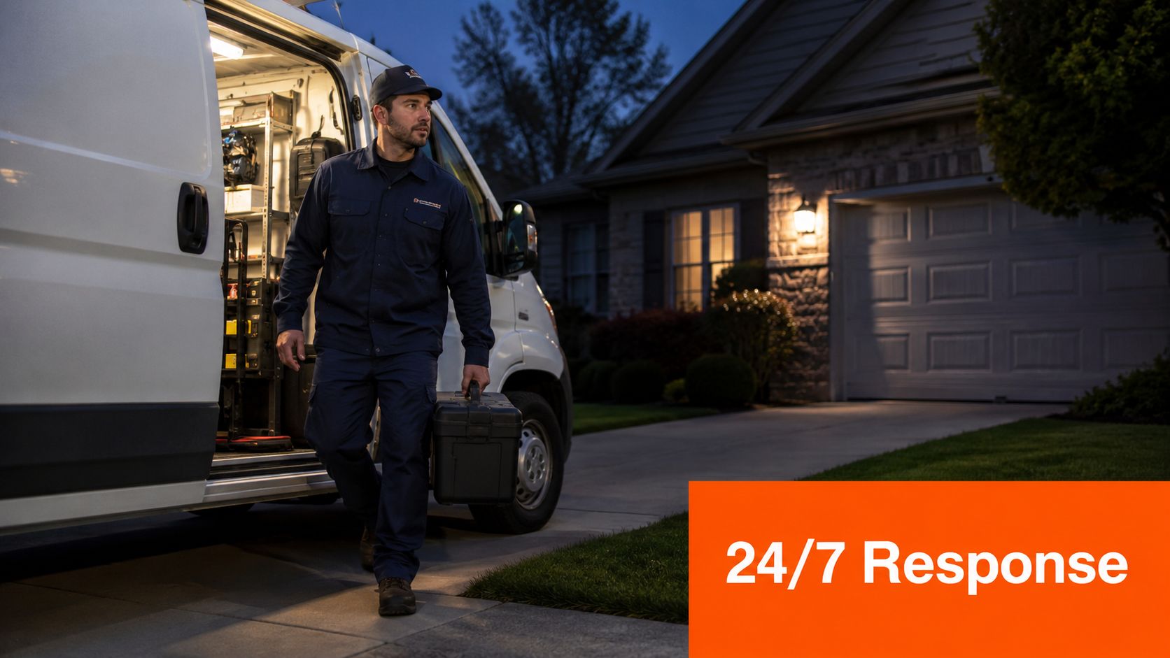 A professional service technician exiting a work van at dusk with a toolbox for home repairs.