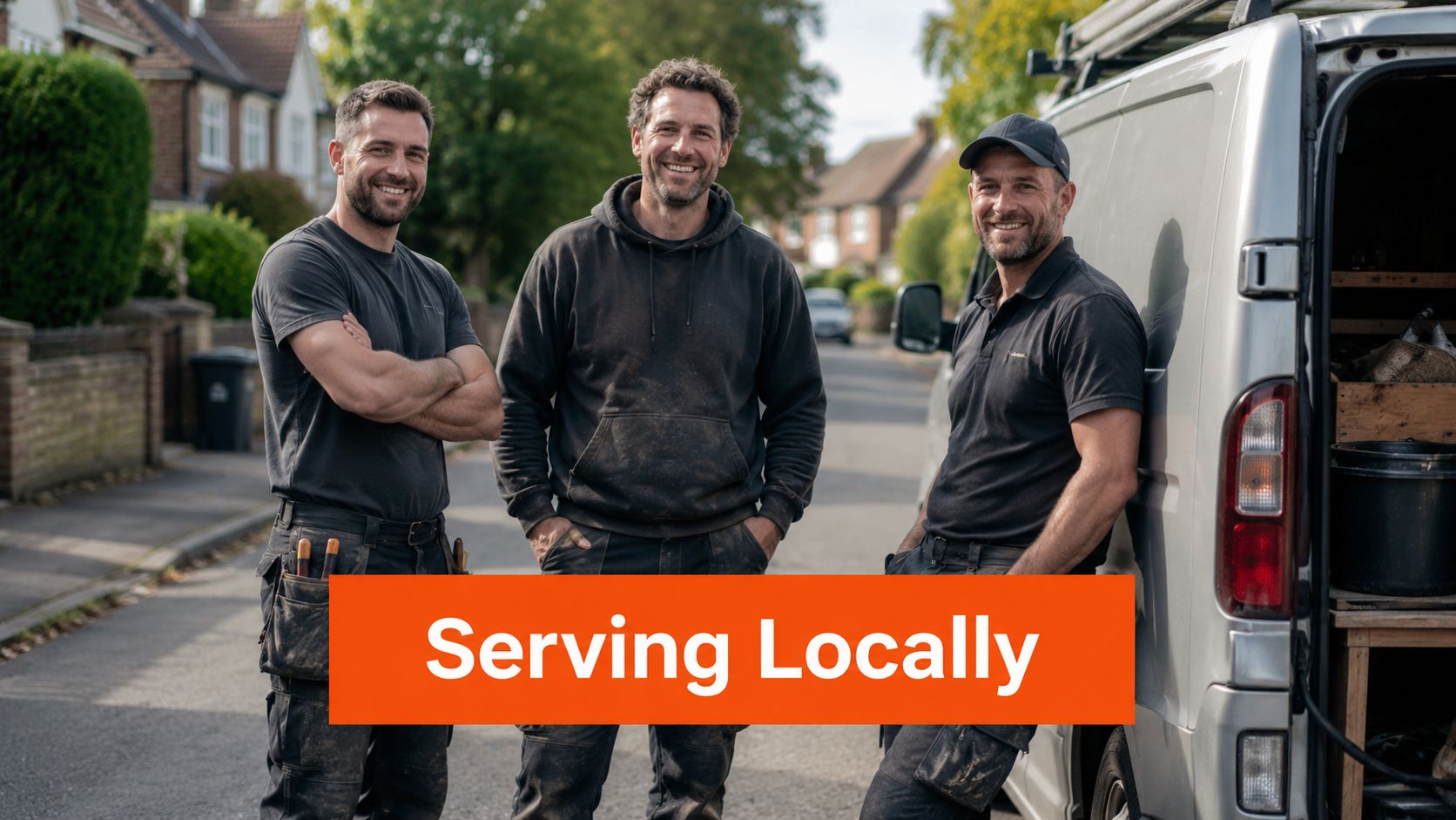 Three professional tradesmen standing next to a service van with a Serving Locally orange sign overlay.