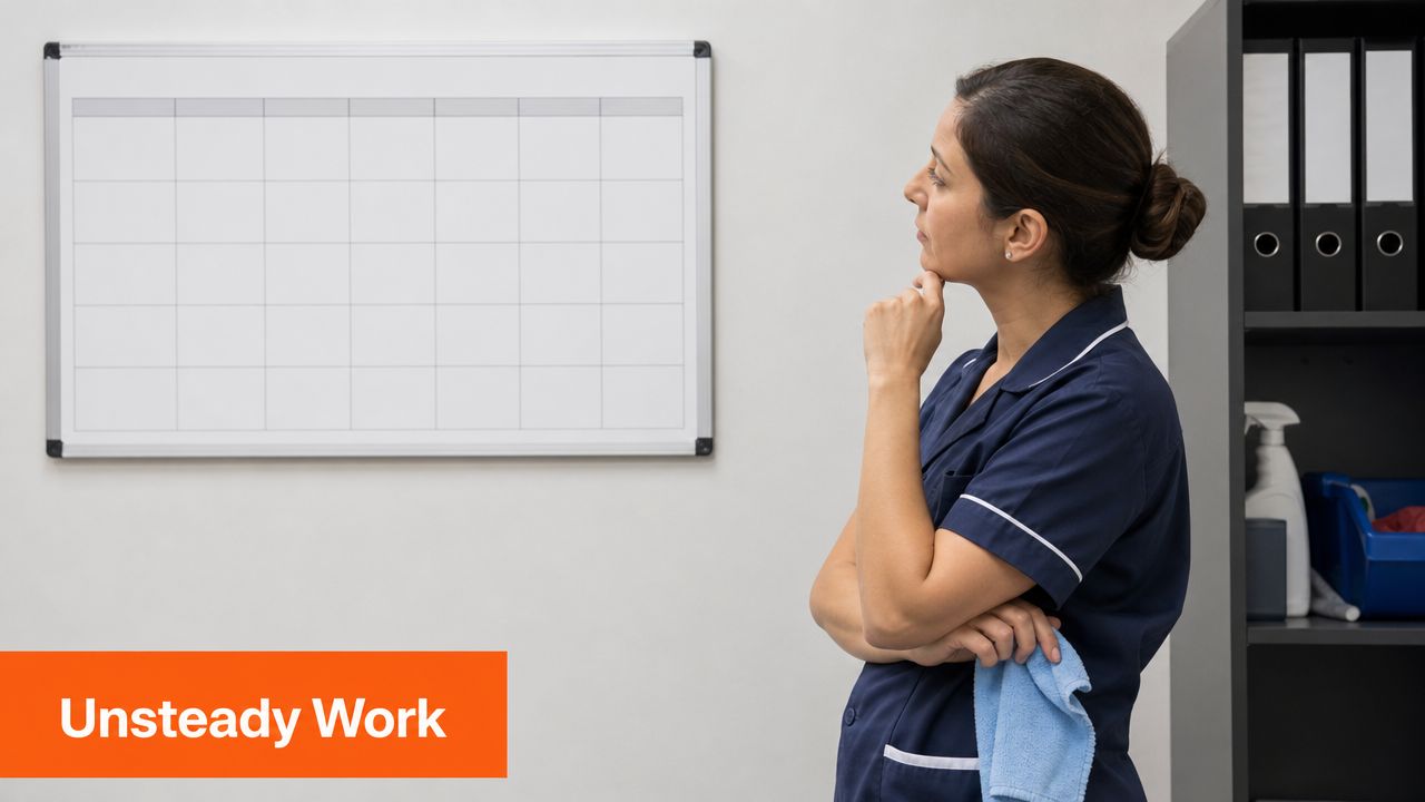 A professional cleaner standing and thoughtfully looking at an empty whiteboard schedule in a workspace.