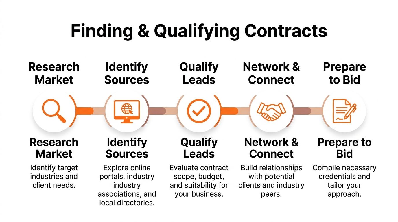 A five-step process diagram illustrating how to find and qualify cleaning contracts for business growth.