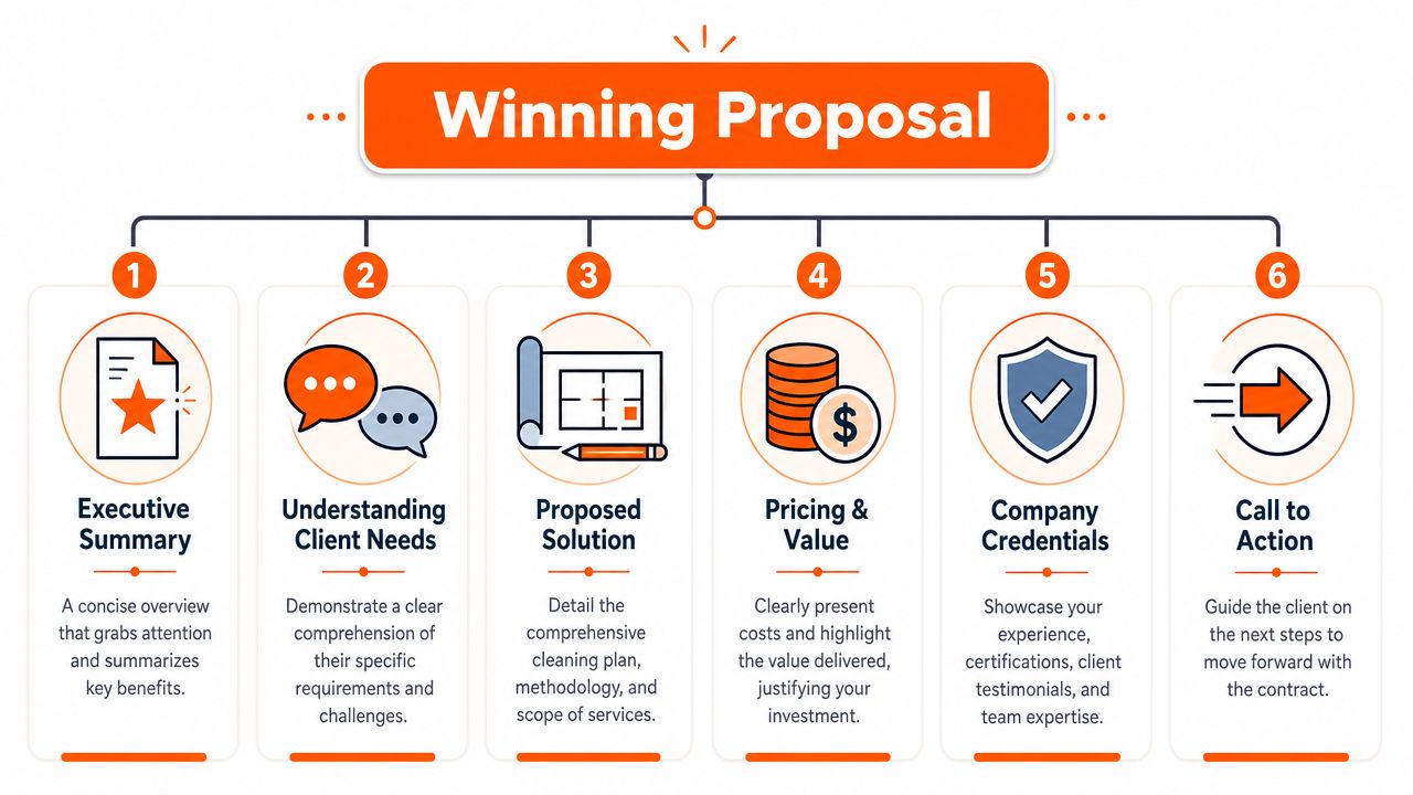 An infographic titled Winning Proposal showing six numbered steps to creating effective cleaning business service proposals.
