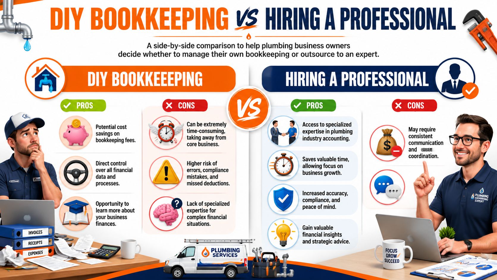 A comparison infographic showing the pros and cons of DIY bookkeeping versus hiring a professional for plumbing businesses.