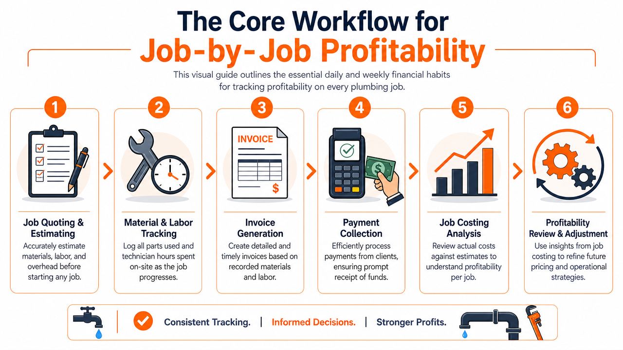 A six-step infographic workflow showing financial habits for tracking plumbing job profitability from quoting to review.