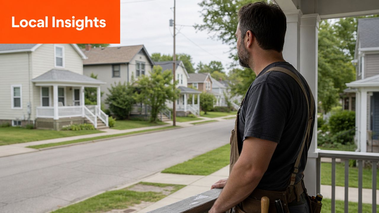 A professional carpenter standing on a porch overlooking a quiet suburban neighborhood street on a cloudy day.