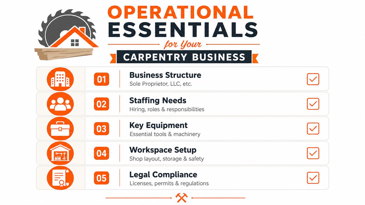 An infographic titled Operational Essentials for Your Carpentry Business listing five key areas for starting a company.