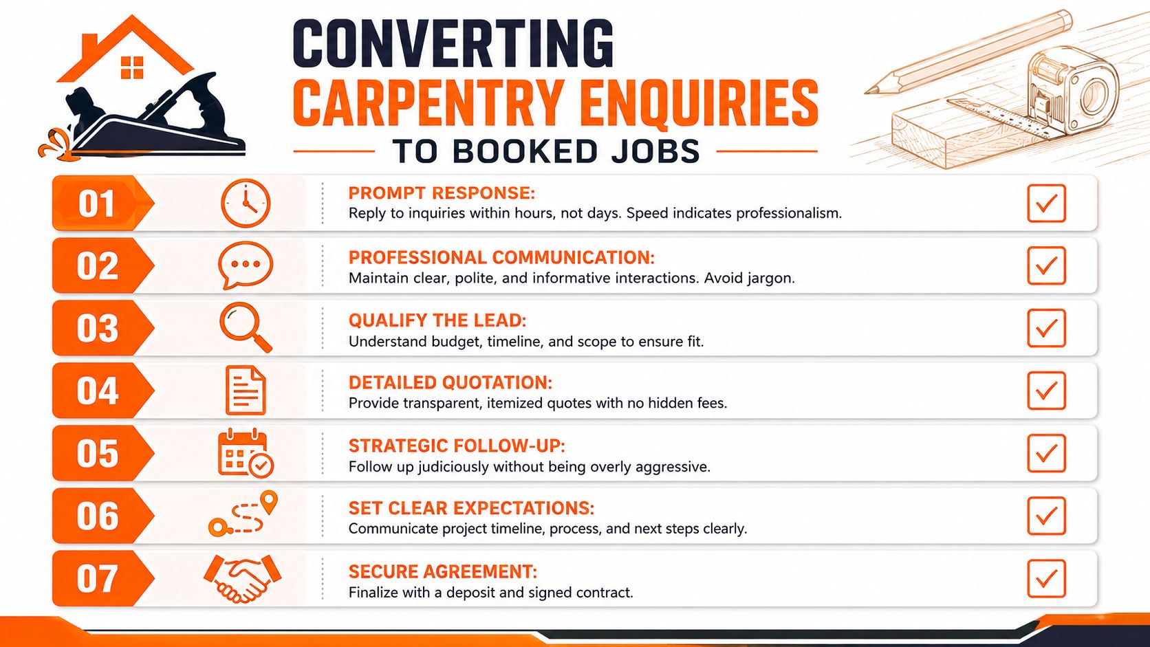 A professional infographic outlining seven essential steps for converting carpentry inquiries into successfully booked jobs.