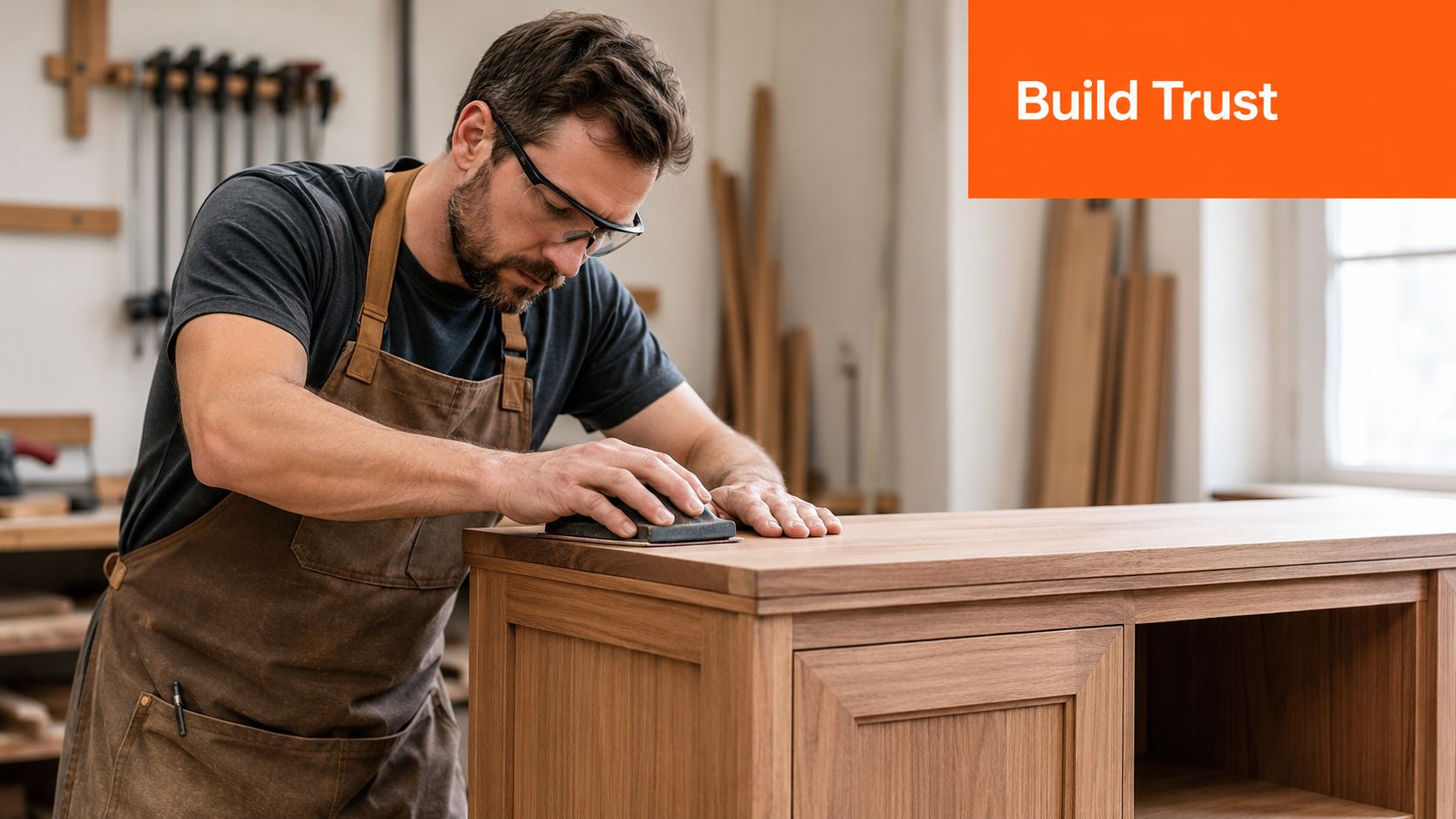 A professional carpenter in a brown apron sands the surface of a custom wooden furniture piece.