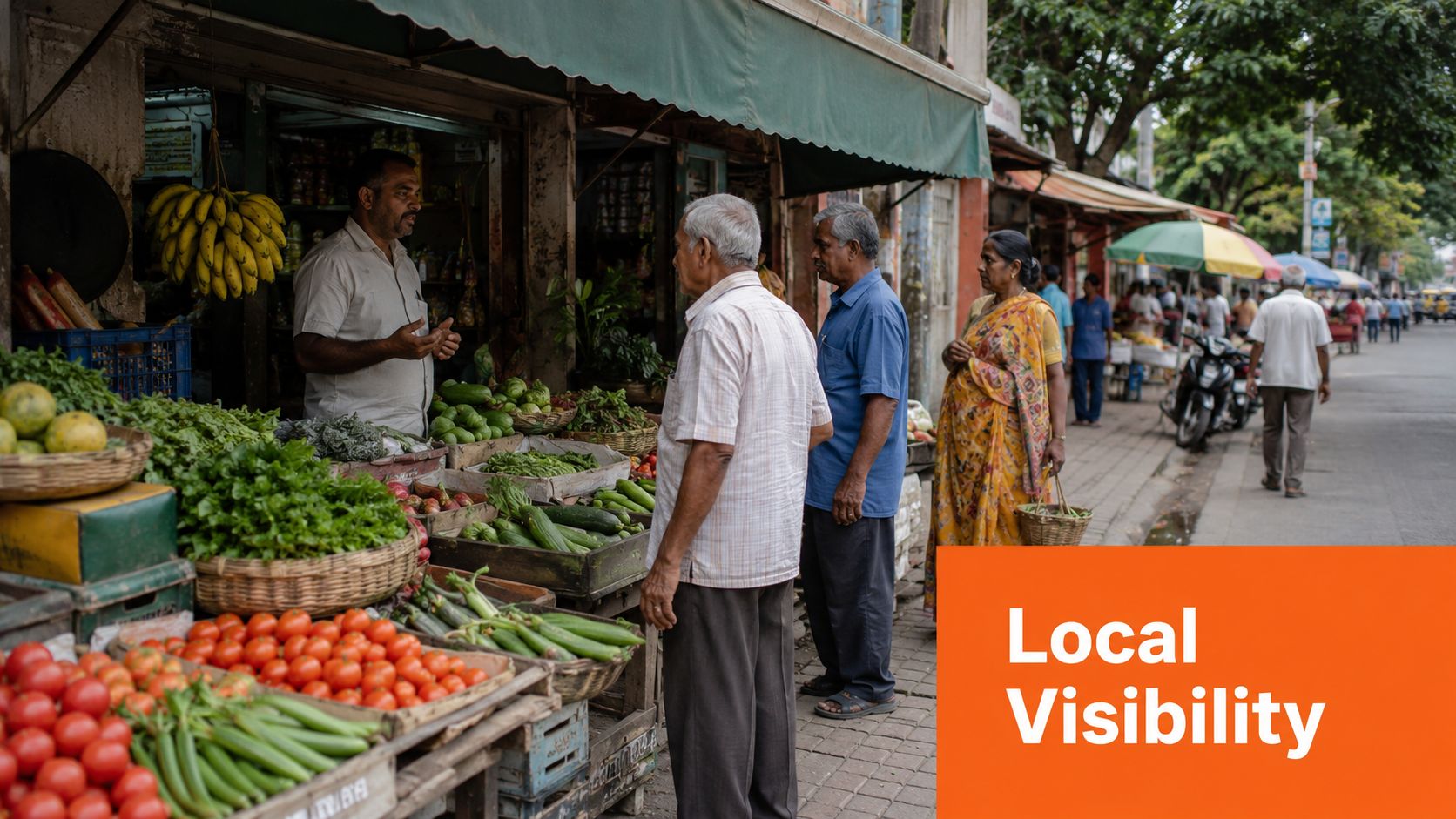 A vendor selling fresh produce to customers at an outdoor market stall on a busy city street.