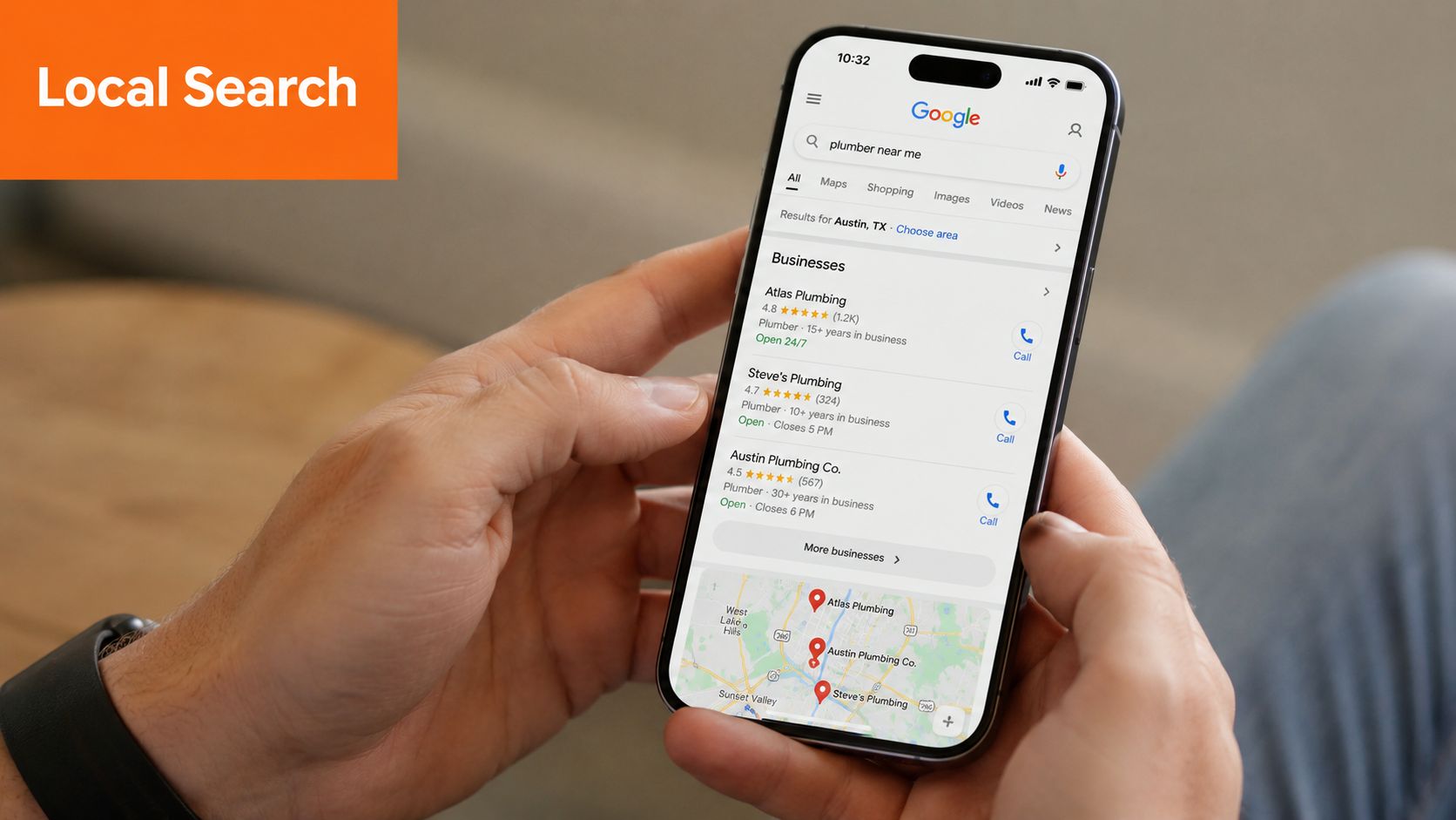 A person using a smartphone to search for local plumbers on Google Maps in Austin, Texas.