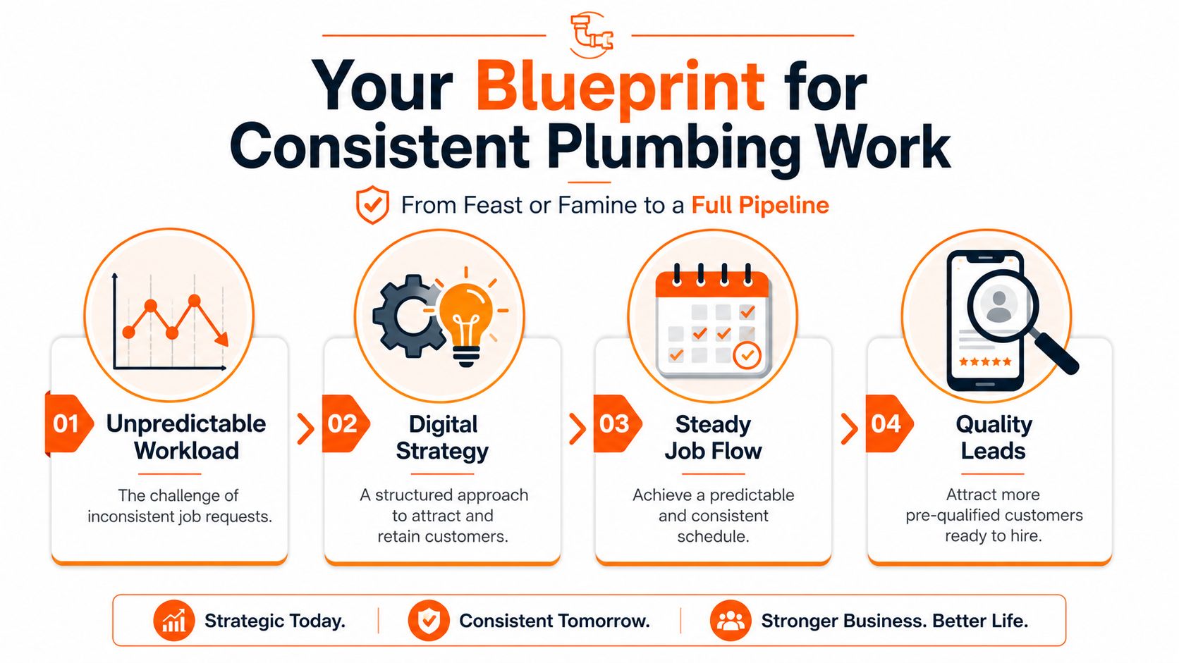 A four-step infographic illustrating a strategic plan to help plumbing businesses achieve consistent work and growth.