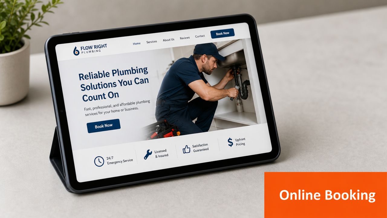 A digital tablet displaying a Flow Right Plumbing website on a desk for digital marketing for plumbers.