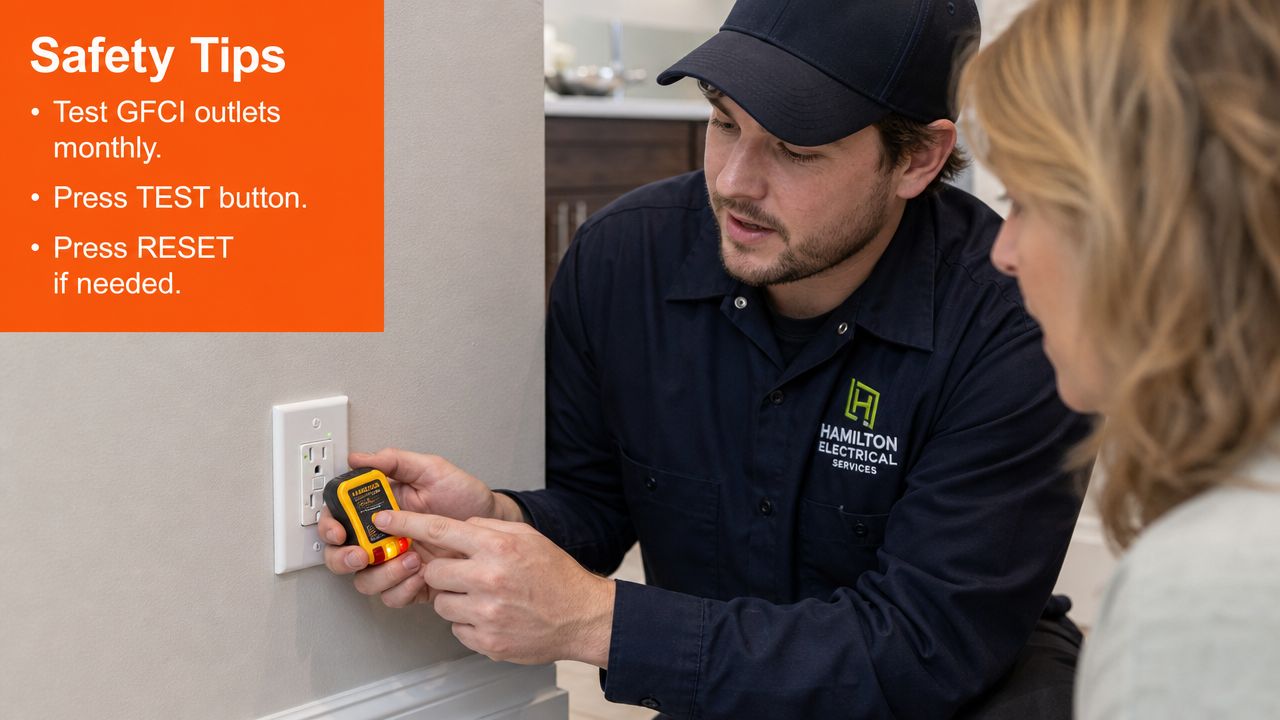 A professional electrician performing a safety test on a wall outlet while explaining it to a homeowner.