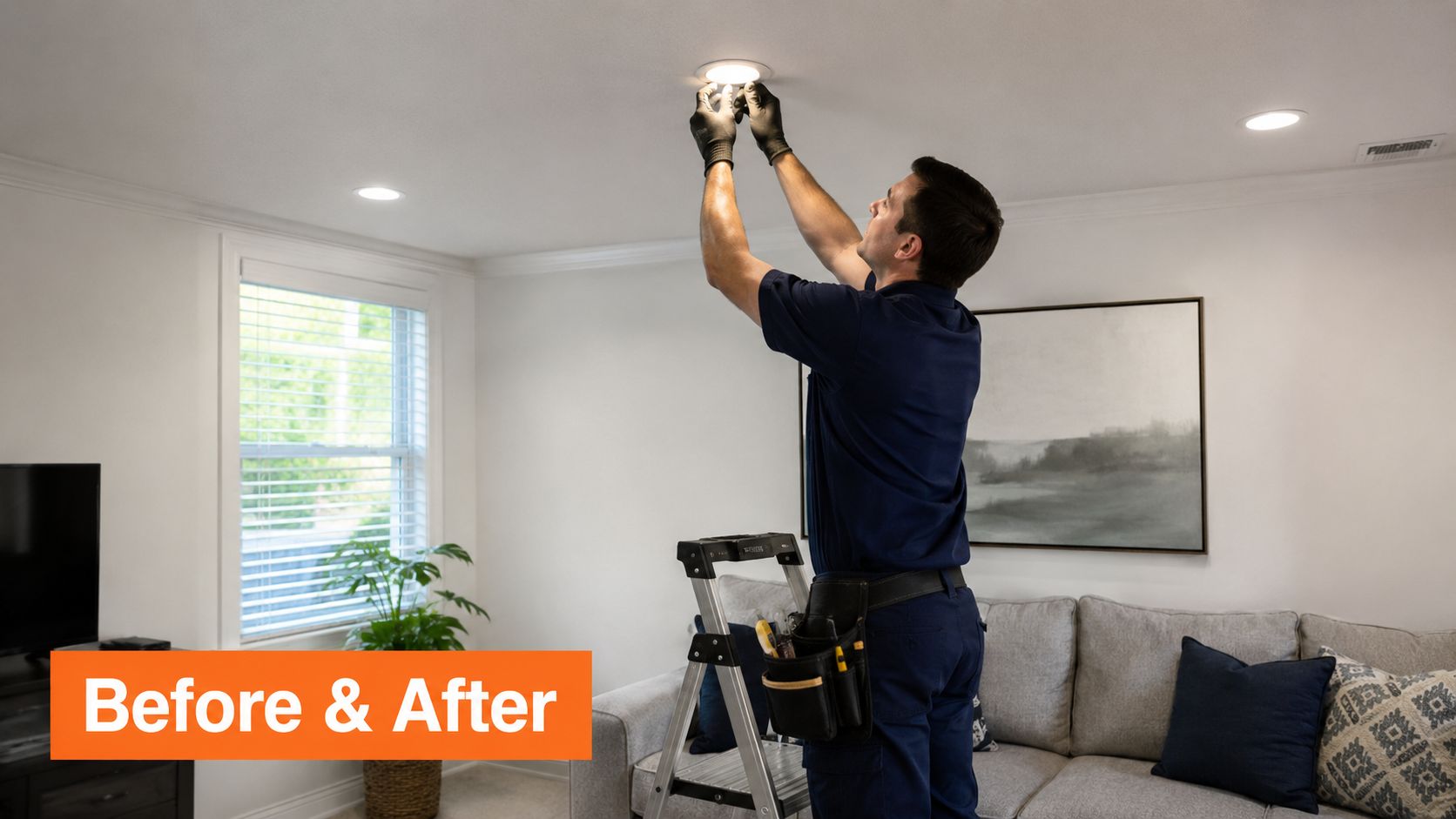 A professional electrician standing on a ladder installing a recessed ceiling light in a living room.
