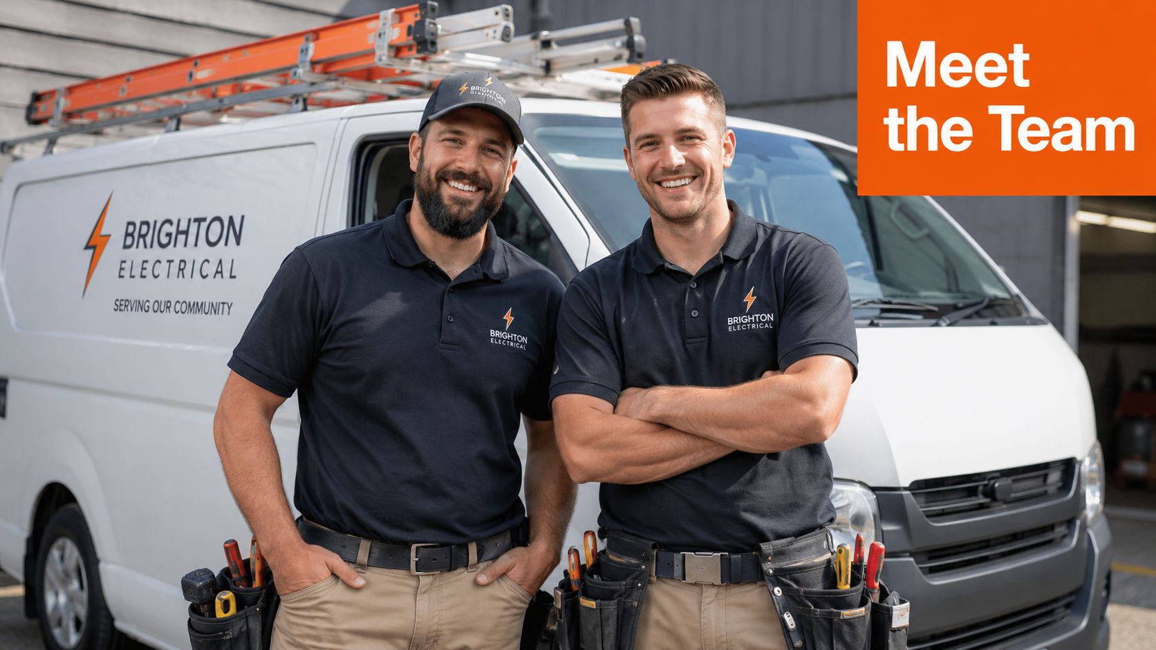 Two friendly professional electricians wearing uniform shirts standing in front of a company van.