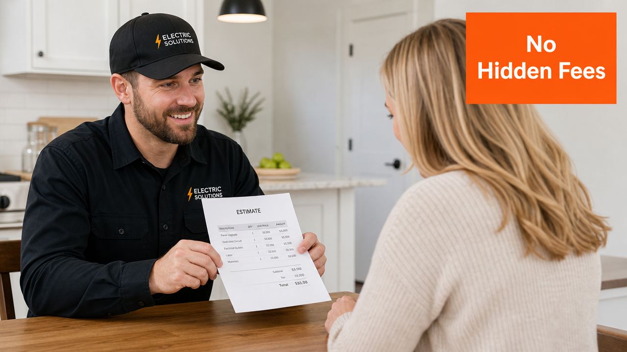 A friendly electrician presents a written cost estimate to a female customer at a wooden table.