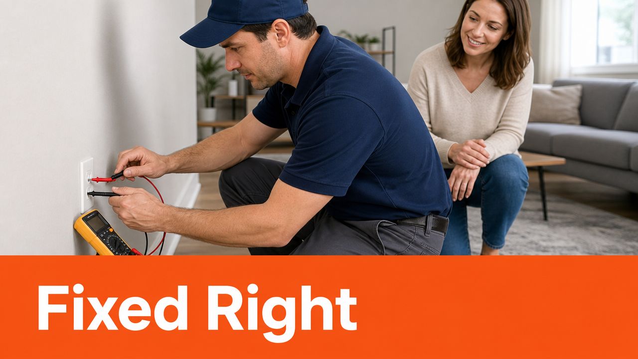 A professional electrician testing a wall outlet with a multimeter while a female homeowner watches closely.