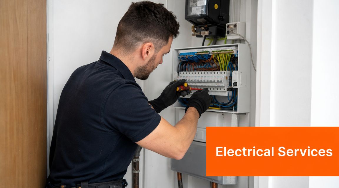 A professional electrician wearing gloves is carefully working on a home electrical fuse box.