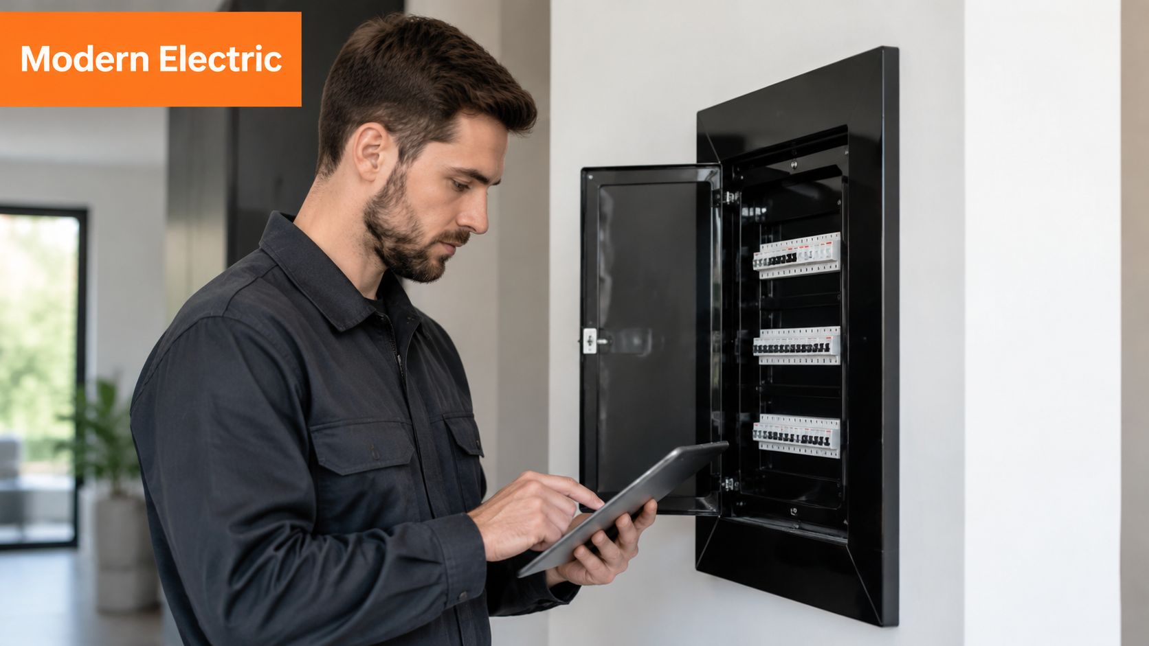 A professional electrician in work uniform using a tablet to inspect a modern residential circuit breaker panel.