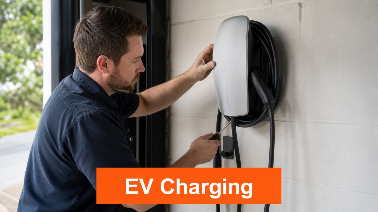 A professional electrician performing maintenance or installation on a wall-mounted electric vehicle charging station in a garage.