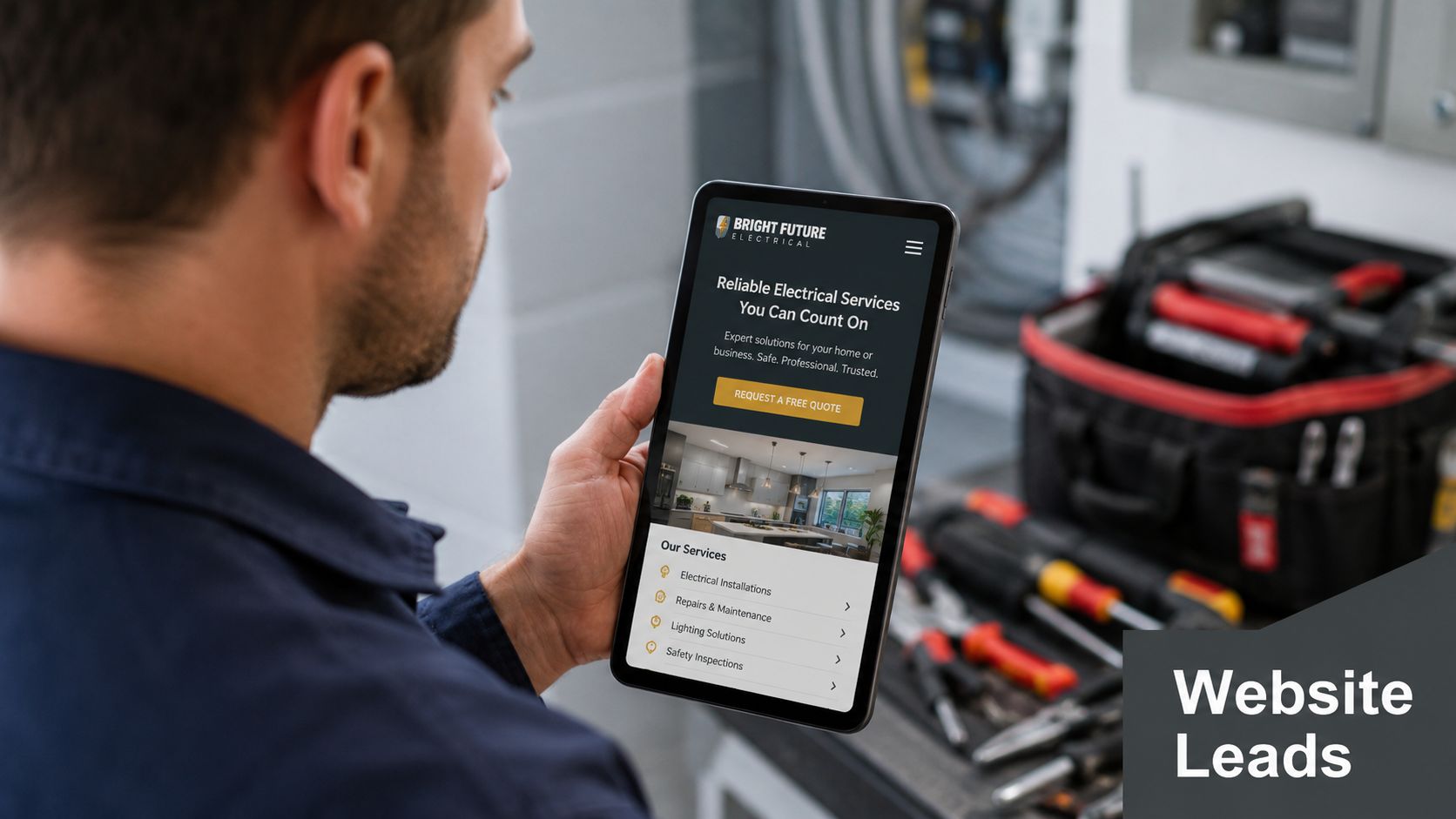 An electrician holds a tablet displaying a professional website for their electrical services company, Bright Future Electrical.