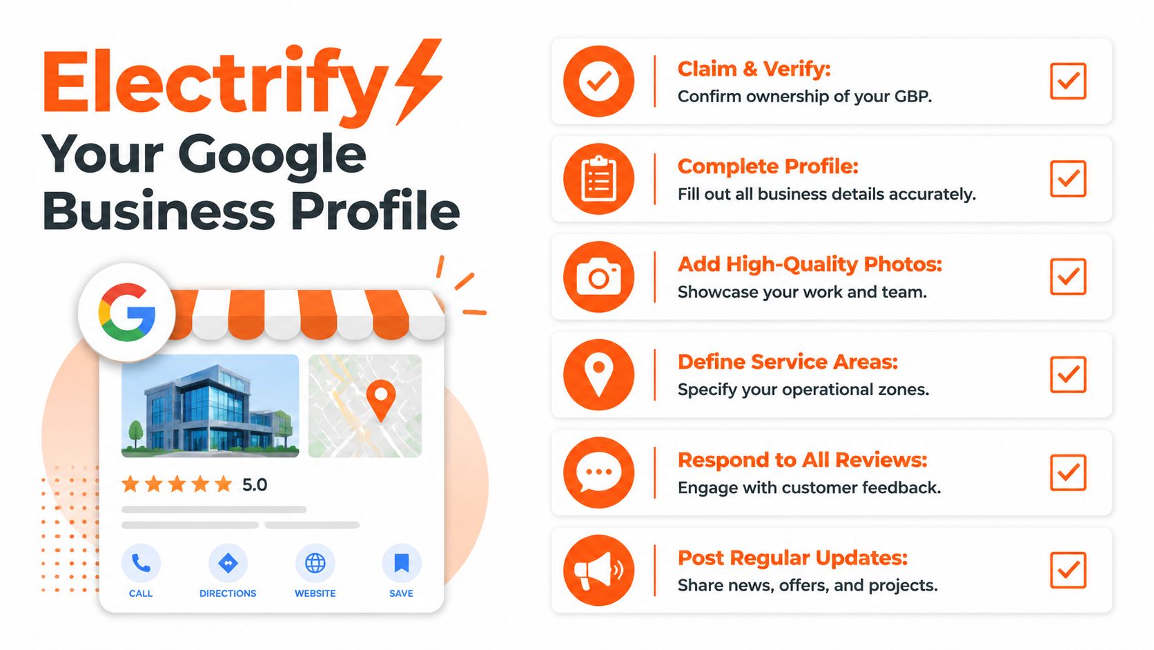 An infographic showing six essential steps to optimize and improve a Google Business Profile for businesses.