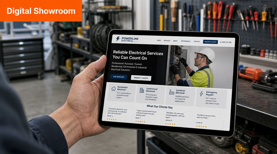 A person holding a tablet displaying a professional website for a local electrical services company.