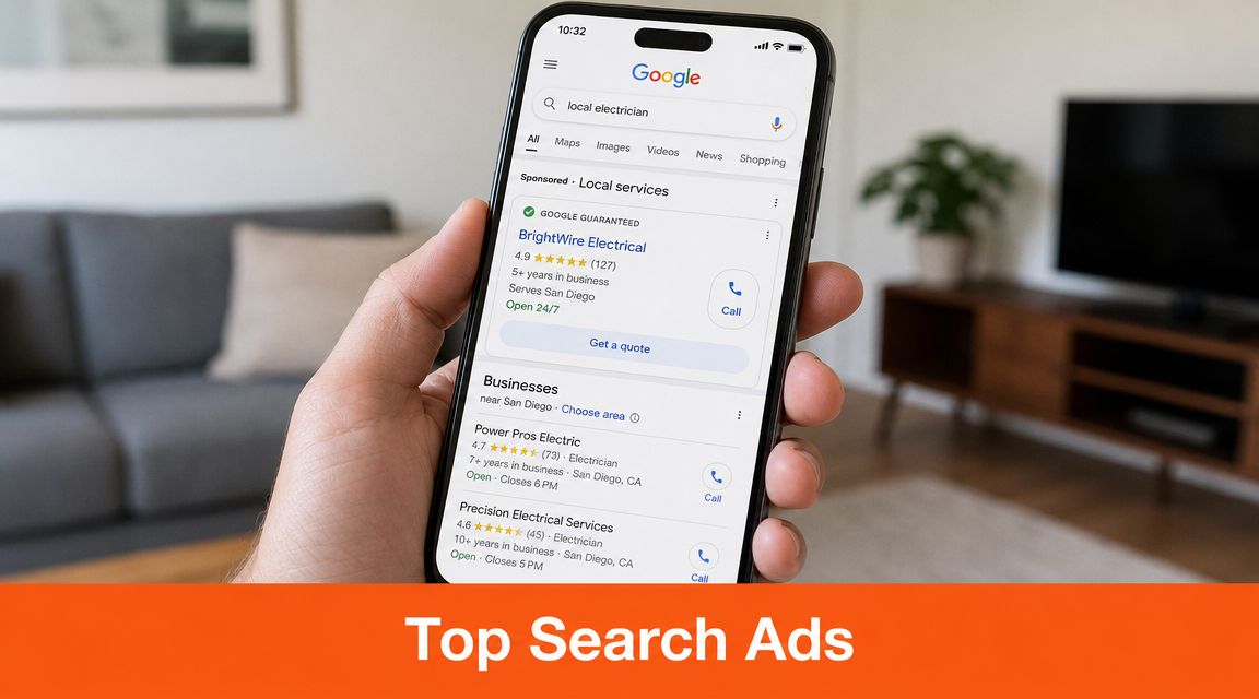 A smartphone screen showing local Google search results for an electrician with business listings and ratings.