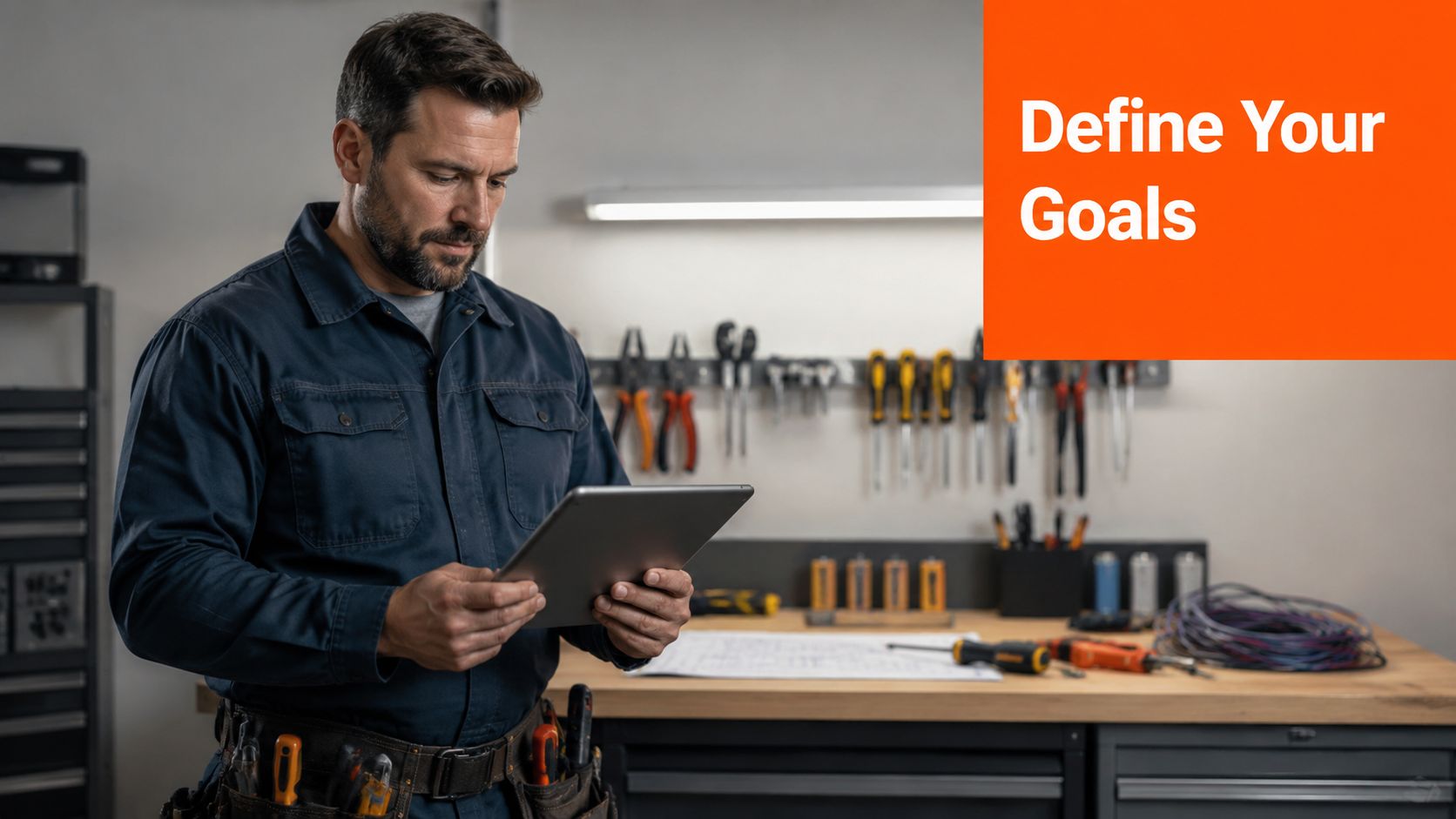 A professional electrician in a workshop using a digital tablet to plan his electrical work tasks.