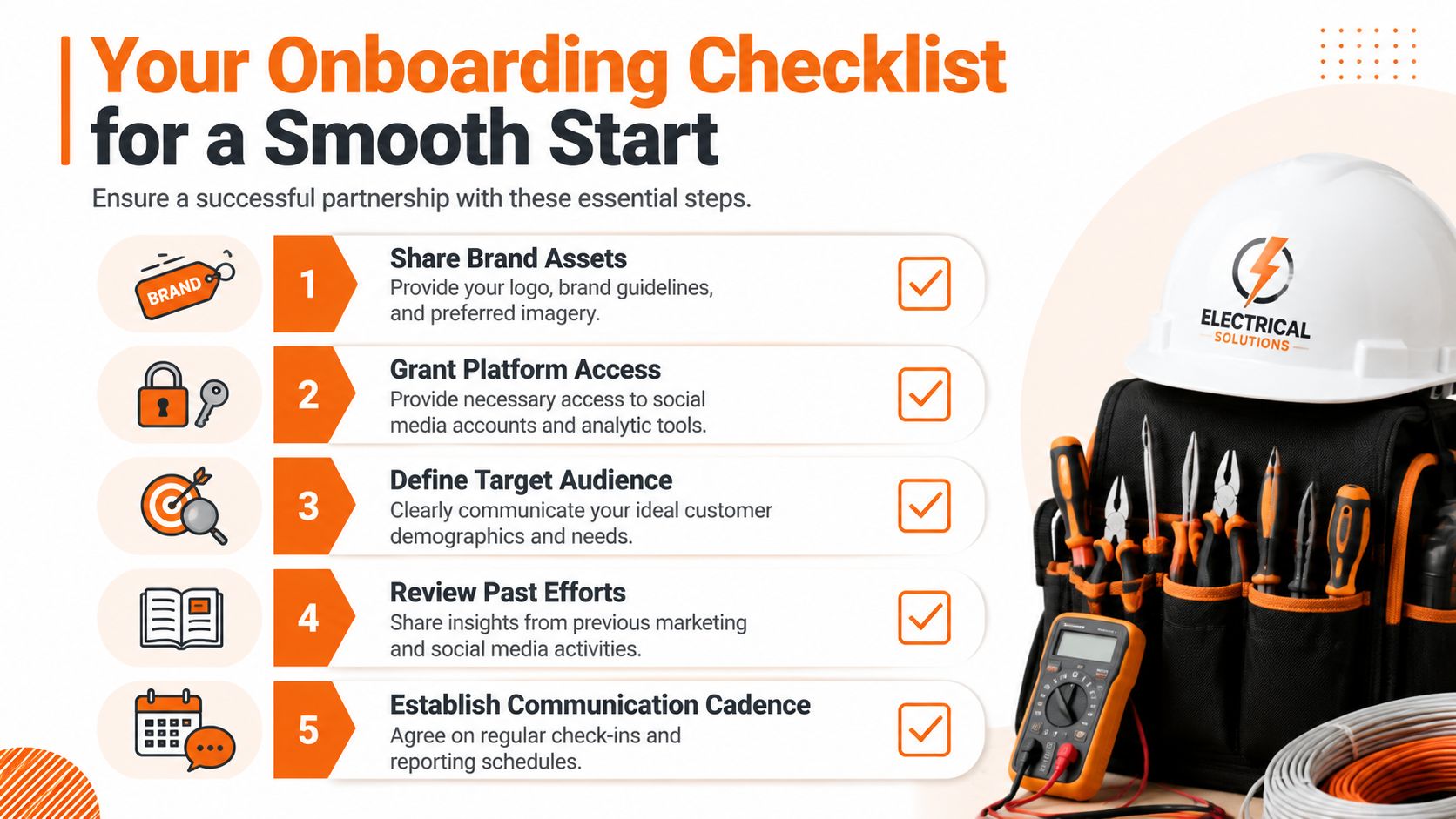 Onboarding checklist for electrical business social media services, featuring five essential steps for a smooth start.