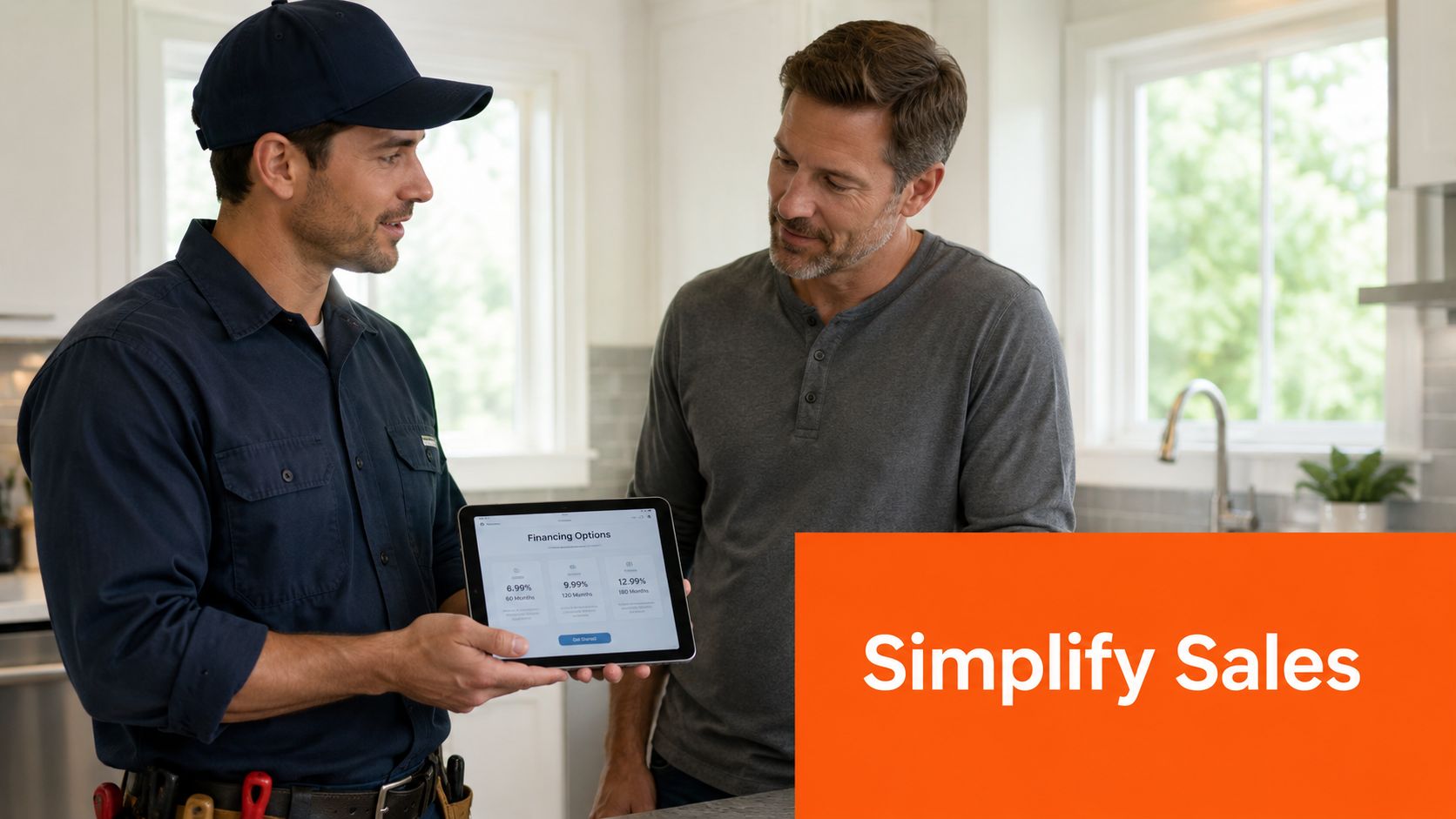 A service technician in a uniform presenting financing options on a tablet to a homeowner in a kitchen.