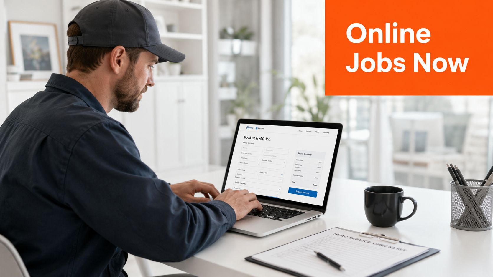A technician wearing a cap uses a laptop to book an HVAC service job online.