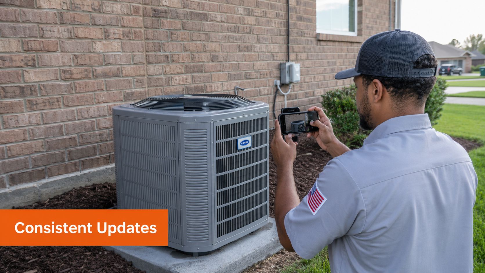 An HVAC technician capturing a photo of a residential outdoor AC unit for professional service updates.