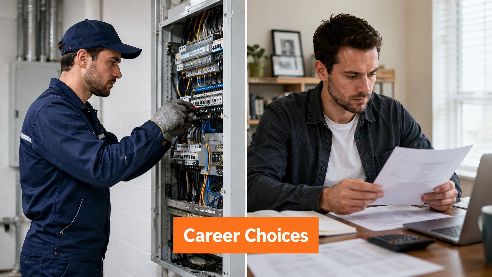 A split image showing an electrician working on a circuit breaker and an office worker reviewing documents.