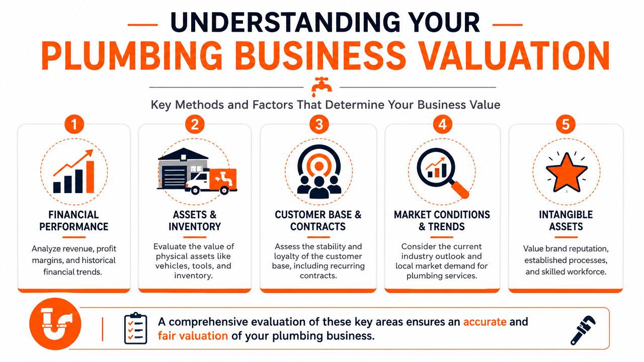 An infographic titled Understanding Your Plumbing Business Valuation, outlining five key methods for evaluating a plumbing business.