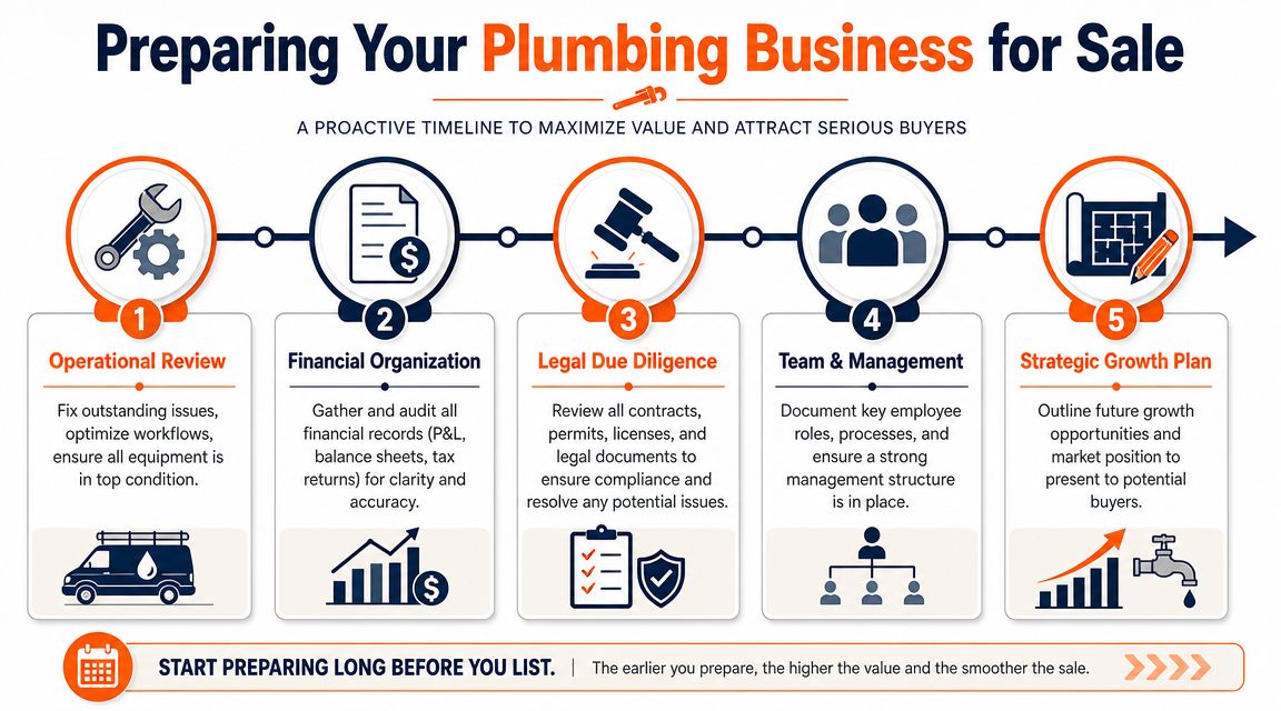 A five-step infographic guide detailing the essential business preparation stages for selling a plumbing company.