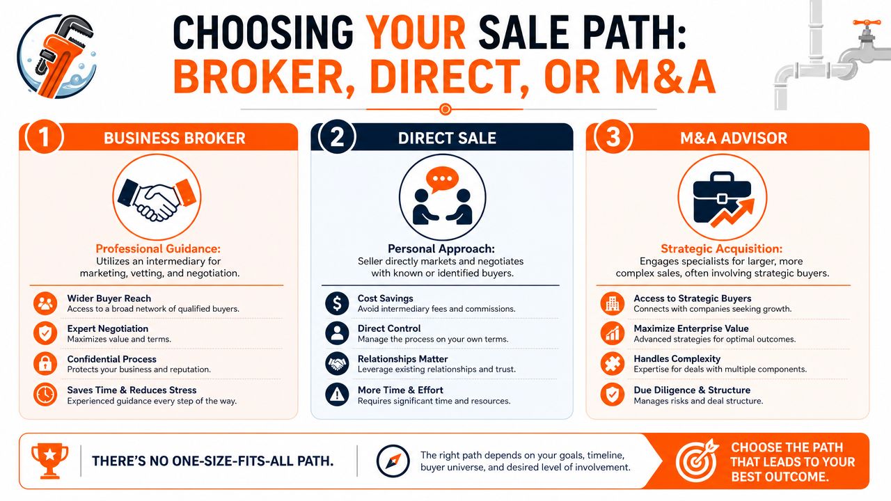 An infographic comparing three sale paths for selling a business: Business Broker, Direct Sale, and M&A Advisor.