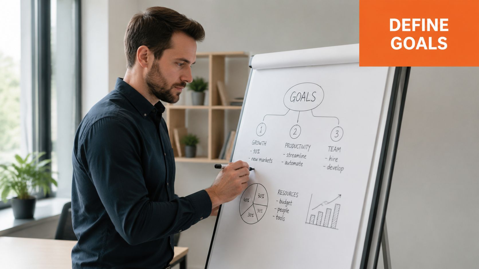 A professional man drawing a strategic business goals diagram on a whiteboard in an office.