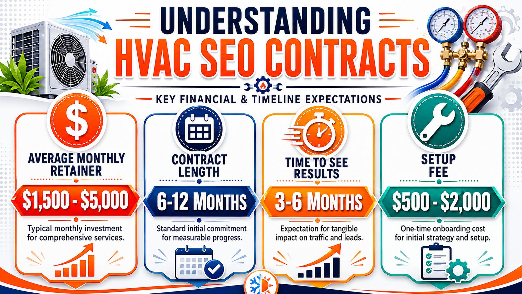 An infographic detailing typical financial costs and timeline expectations for hiring an HVAC SEO company.