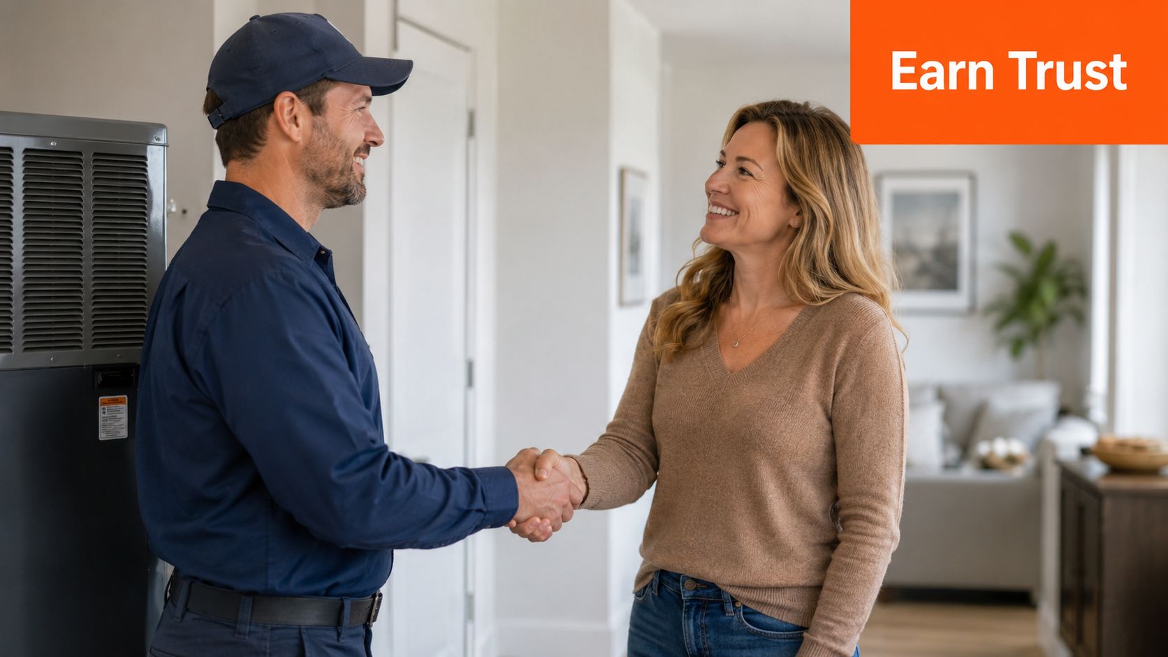 A friendly HVAC technician shaking hands with a happy female homeowner in her modern home interior.