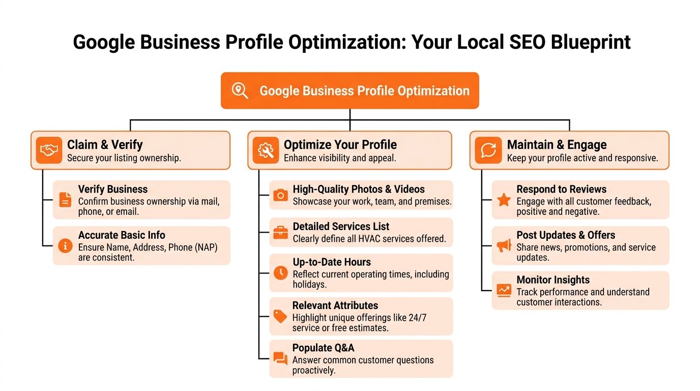 An infographic chart outlining a local SEO blueprint for optimizing Google Business Profile for HVAC contractors.